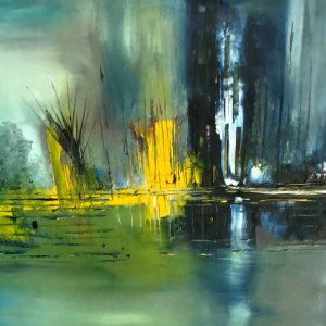 ציור שמן מופשט אור בקצה המנהרה עם גווני צהוב בוהק וכחול עמוק