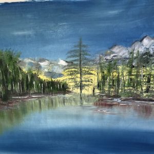 ציור שמן של נוף הרים מושלגים ואגם המשקף יער ירוק