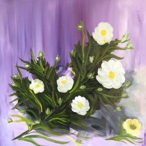 ציור אקריליק של פרחים לבנים על רקע סגול לילך, גודל 50X50 סנטימטרים