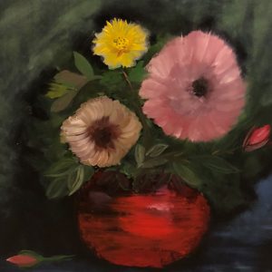 ציור שמן פרחים בלילה באגרטל אדום על רקע כהה