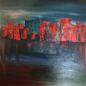 ציור שמן אבסטרקטי של עיר אדומה המשתקפת במים כהים, מידות 50X50 ס'מ