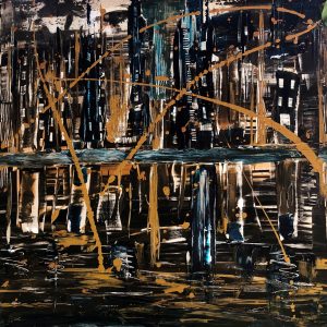 ציור שמן אבסטרקטי 50X50 נוף עירוני כהה עם נגיעות זהב