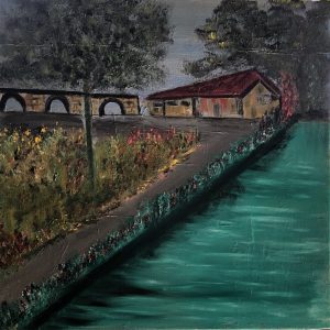 ציור שמן של תעלה עם מים בצבע טורקיז, בית עם גג אדום וגשר קשתות מאבן