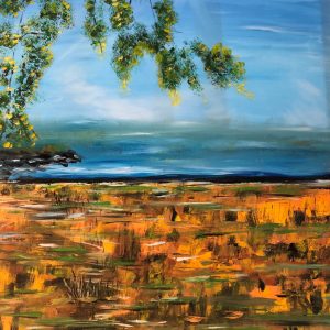 ציור שמן של נוף חוף עם אדמה כתומה ושמיים כחולים מבית Tova Gallery