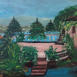 ציור נוף אקריליק על קנבס של אחוזה כפרית עם מרפסת ונוף לאגם