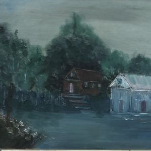 ציור שמן של בתים כפריים בלב יער ירוק ואפלולי