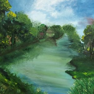 ציור שמן של נהר ביער ירוק תחת שמיים תכולים