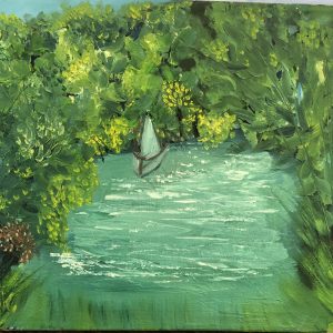 ציור שמן סירה במפרץ מוקפת צמחייה ירוקה עשירה, 30 על 40 ס'מ