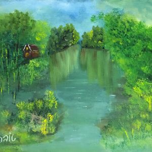 ציור שמן נוף ירוק של עצי מנגרובים ובקתה מבודדת על פני מים רוגעים