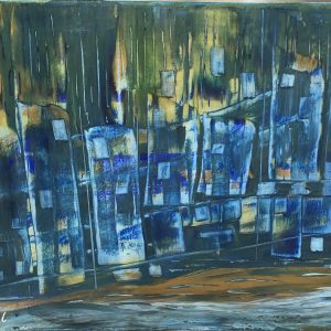 ציור אבסטרקט עיר בכחול צהוב אקריליק על קנבס