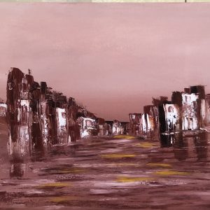 ציור שמן נוף אבסטרקט מערב פרוע בגווני חום וורוד על קנבס