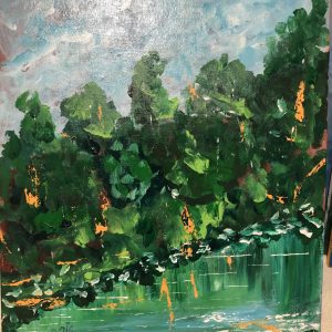 ציור אקריליק על קנבס של נוף גדות הנהר ועצים ירוקים משתקפים במים