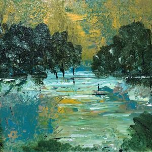 ציור שמן על קנבס על המים המציג נוף פסטורלי של עצים והשתקפות על פני האגם