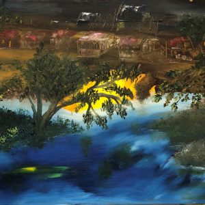 ציור נוף דרמטי על המים המציג נהר כחול עמוק, עץ מצל, השתקפות אור זהוב ובתי כפר ברקע