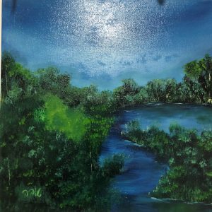 ציור נוף פסטורלי בשמן על קנבס נהר כחול בין עצים ירוקים תחת שמיים בהירים