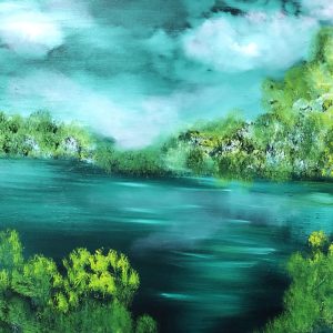 ציור שמן של נוף אגם וצמחייה ירוקה המשתקפת במים בגווני טורקיז