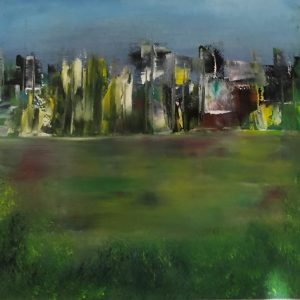 ציור אבסטרקטי של מדשאה בעיר וקו רקיע