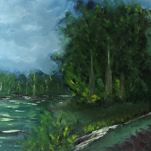 ציור שמן נוף עצים בחוף על המים תחת שמיים כחולים ואפורים