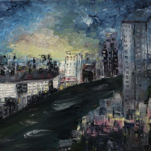 ציור שמן נוף אורבני של בנגקוק המציג נהר הזורם בין גורדי שחקים תחת שמיים מעוננים