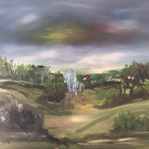 ציור שמן נוף כפרי עם מפל מים ושמיים דרמטיים - מפל באופק