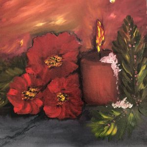 ציור שמן של פרחי היביסקוס אדומים ונר דולק