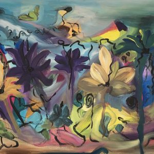 ציור אבסטרקט צבעוני בשם 'יום שמח', אקריליק על קנבס 60 על 50, מציג פרחים דמיוניים וקווים זורמים