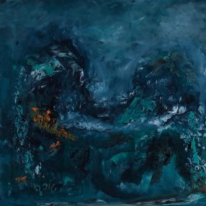 ציור אבסטרקט בגווני כחול עמוק באקריליק על קנבס בגודל 50X50