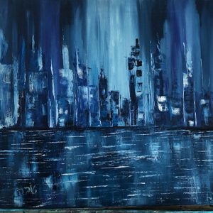 ציור שמן אבסטרקטי של נוף עירוני גשום בגווני כחול, עיר בכחול