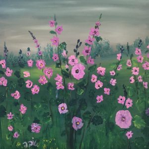 ציור שמן על קנבס המציג פרחי חוטמית זיפנית ורודים פורחים בשדה ירוק