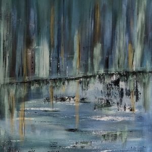 ציור אבסטרקט באקריליק על קנבס בגווני כחול וירוק עם השתקפות אגם