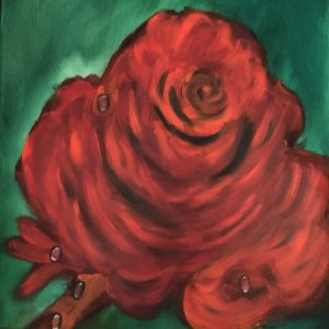 ציור שמן של שושנה אדומה מרהיבה על רקע ירוק עמוק