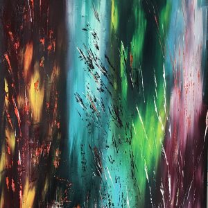 ציור אבסטרקט שמן על קנבס המציג זרימת צבעים עזים באדום, ירוק וסגול