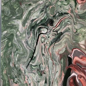 ציור אבסטרקט באקריליק על קנבס עם זרימת צבעים בגווני ירוק ודמות שחורה מינימליסטית