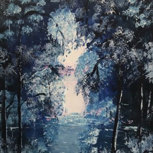 ציור נוף אבסטרקט של מפל מים כחול ביער קסום, אקריליק על קנבס