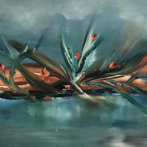 ציור שמן אבסטרקטי פרחים מן הים בצבעי טורקיז וכתום על קנבס