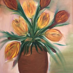 ציור שמן של פרחי צבעונים באגרטל בגווני חרדל וארגמן