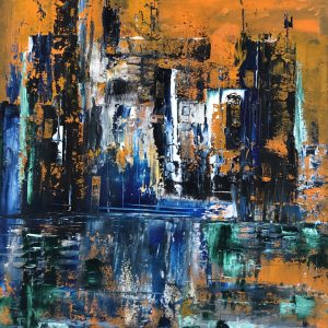 ציור אבסטרקט בשם 'בכתום', שמן על קנבס, המציג נוף אורבני מופשט וצלליות על רקע שמיים כתומים
