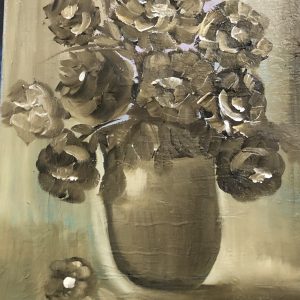 ציור שמן של זר הורטנזיות באגרטל בגווני ספיה וחום