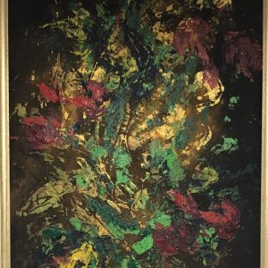 ציור אבסטרקט אקריליק על קנבס בגווני זהב, ירוק ואדום מבית Tova Gallery