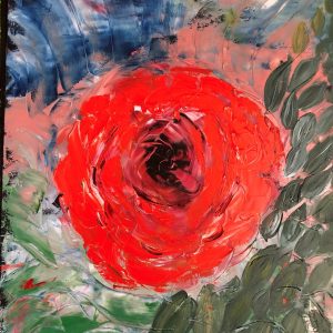 ציור שמן של פרח אדמונית אדום בטקסטורת אימפסטו עשירה על רקע כחול מופשט