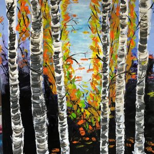 ציור אקריליק של יער עצי לבנה בשלכת סתווית כתומה וצהובה