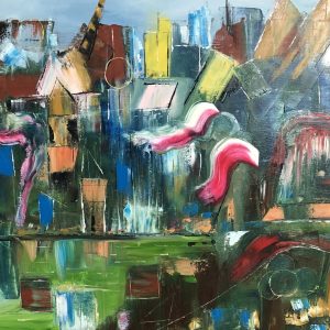 ציור שמן אבסטרקטי צבעוני עם מבנים גיאומטריים ומשיחות מכחול ורודות וירוקות עזות