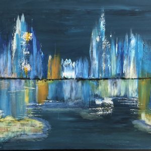 ציור אבסטרקט כחול באקריליק על קנבס עם השתקפויות זהב ומים