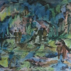 ציור אבסטרקט של אנשים מטיילים בנוף כחול ירוק, אקריליק על קנבס
