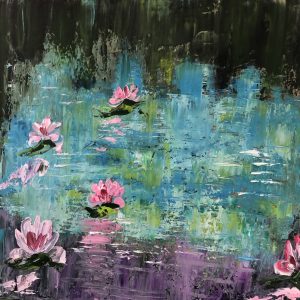 ציור שמן אימפרסיוניסטי של נופרים ורודים צפים במי אגם