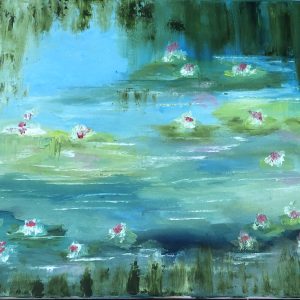 ציור שמן אימפרסיוניסטי של נופרים צפים באגם שקט, בגווני כחול וירוק