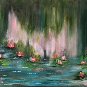 ציור שמן אבסטרקטי של פרחי נופרים ורודים על מים בגווני ירוק ותכלת, 40X30 ס'מ