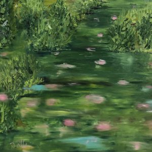 ציור שמן אבסטרקט של נופרים ורודים על רקע בריכת מים ירוקה