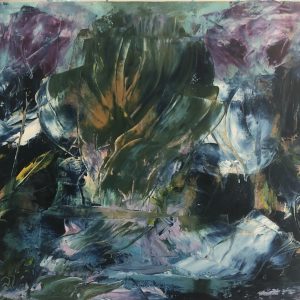 ציור אבסטרקט מקורי שמן על קנבס בגווני ירוק, כחול וסגול, 40 על 30 סנטימטרים