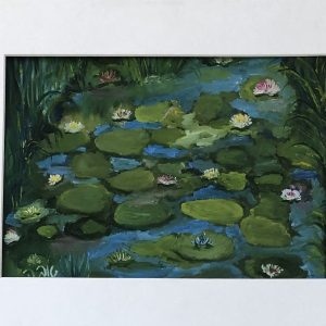 ציור שמן של נופרים בבריכה פסטורלית בגווני כחול וירוק עמוקים, שמן על בד 40X30 ס'מ